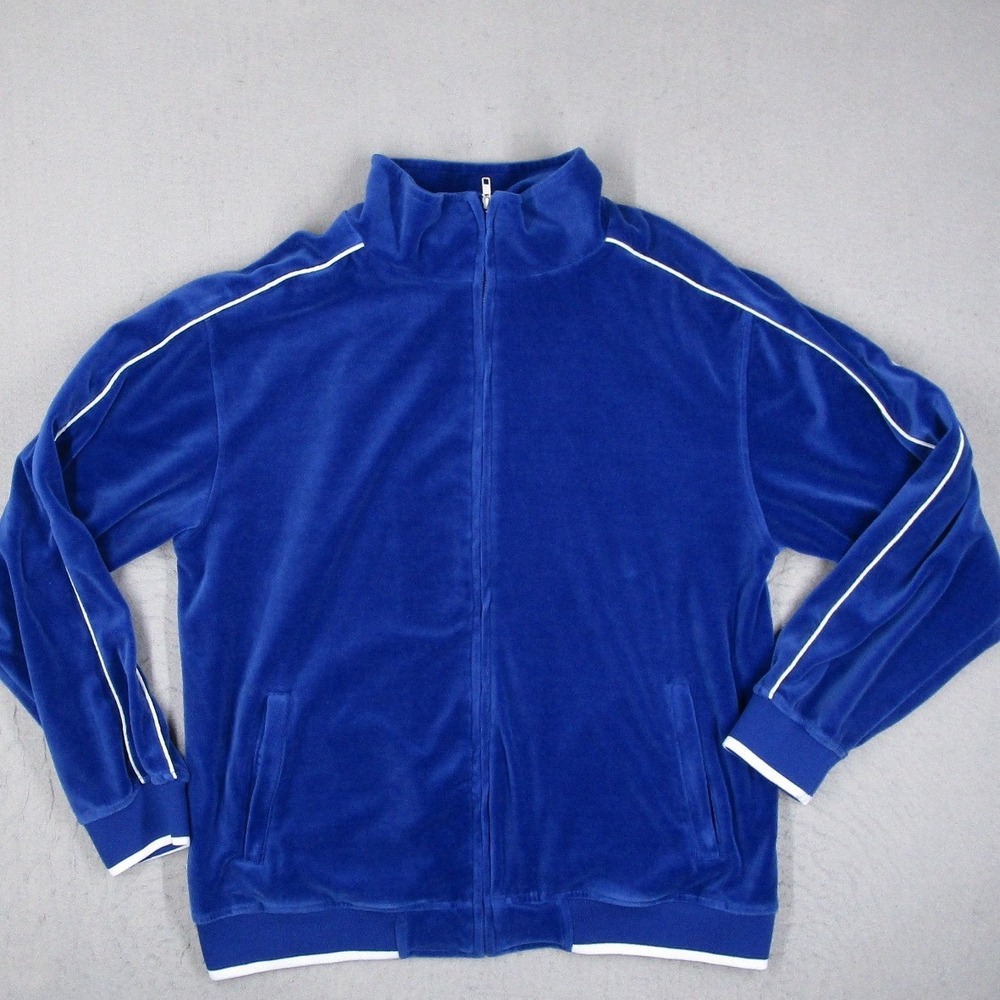 Sweatsedo Mens XL Blue Velour Track Jacket Full Zip Retro Athletic White Piping